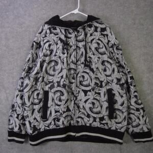 Lot 29 Jacket Mens 2XL Black Gray Baroque Print Full Zip Hooded Streetwear